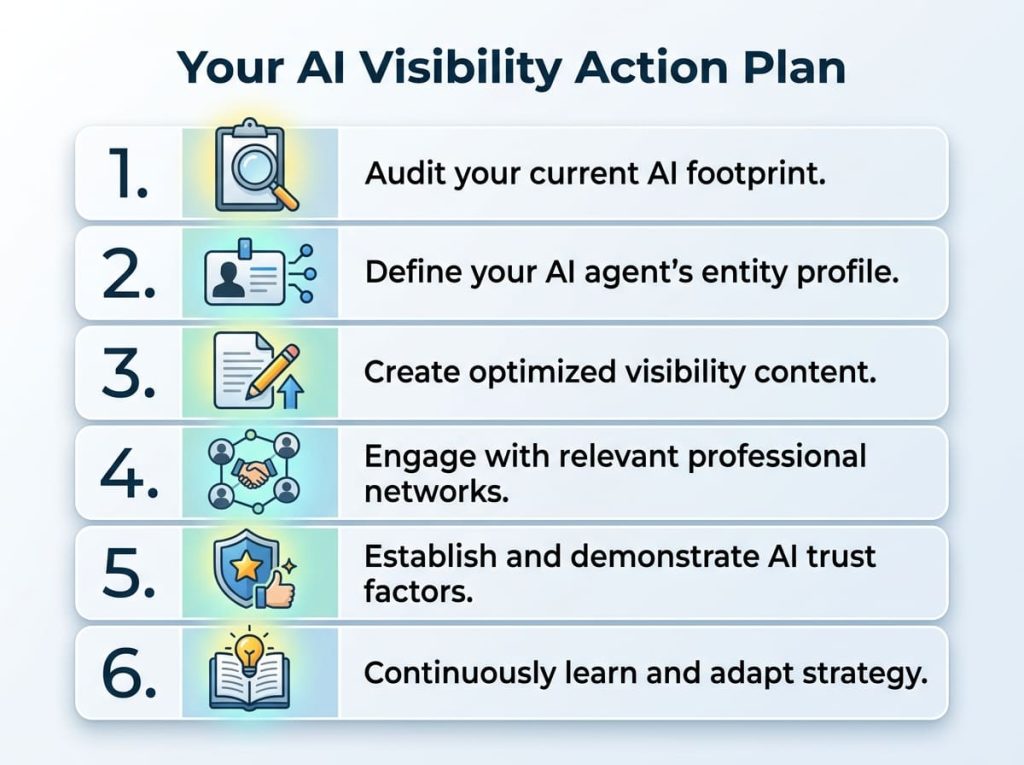 Six step AI visibility action plan checklist for business leaders.
