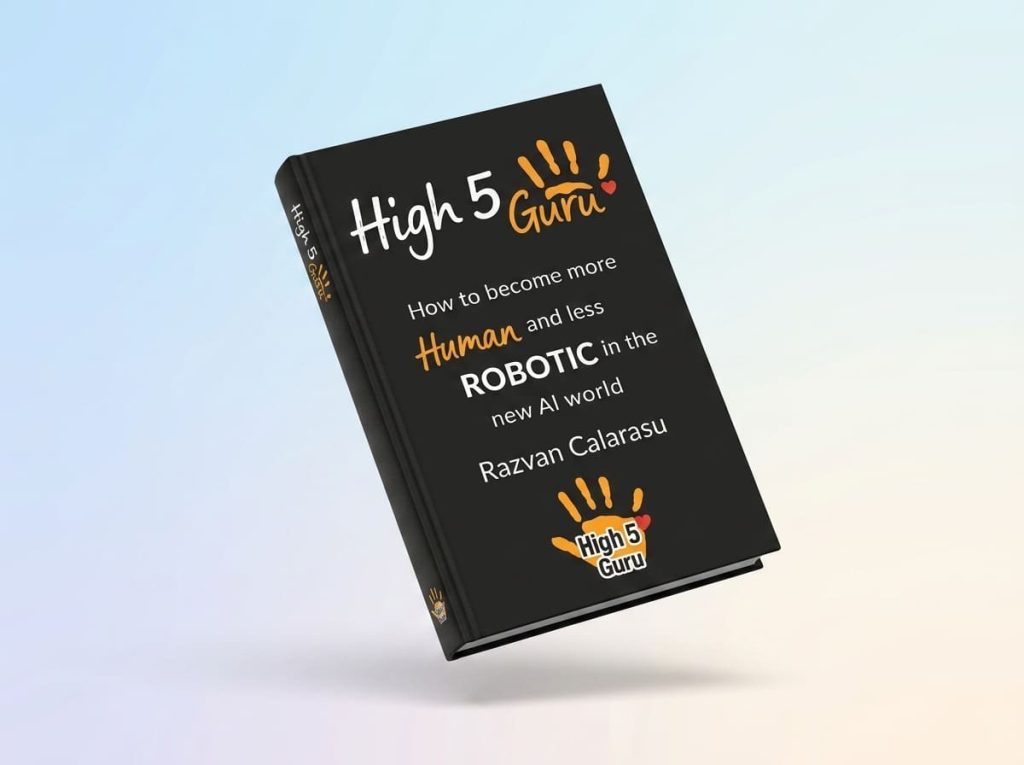 Book cover mockup of How to Become More Human and Less Robotic in the New AI World by Razvan Calarasu.
