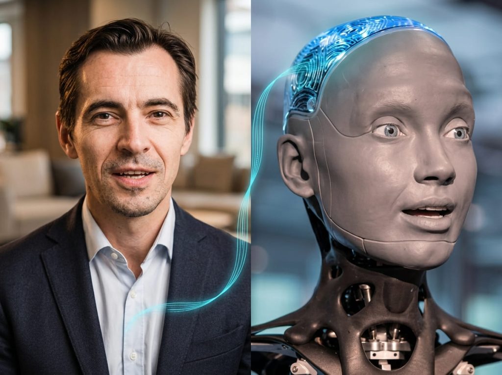  Founder Razvan Calarasu and the Ameca humanoid robot side by side, illustrating human and machine collaboration in AI visibility.
