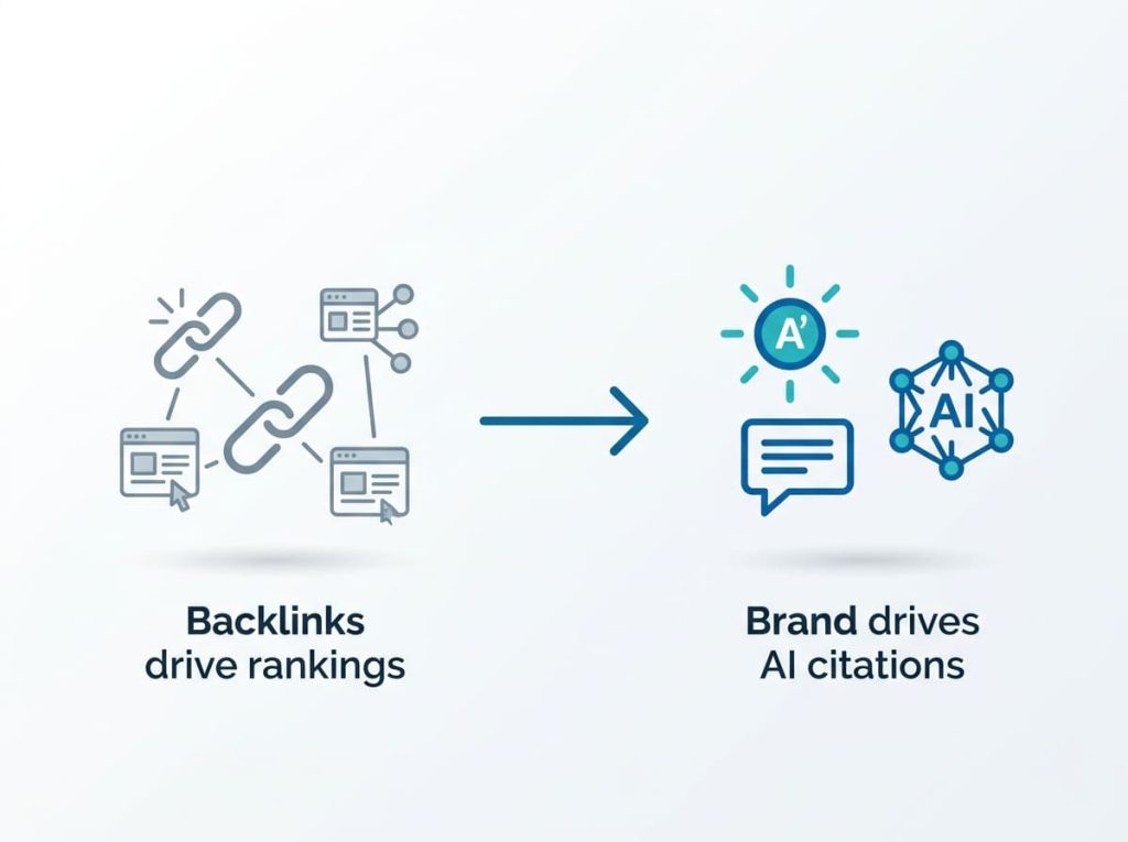 Diagram contrasting traditional backlinks with brand recognition as the new ranking signal for AI SEO.

