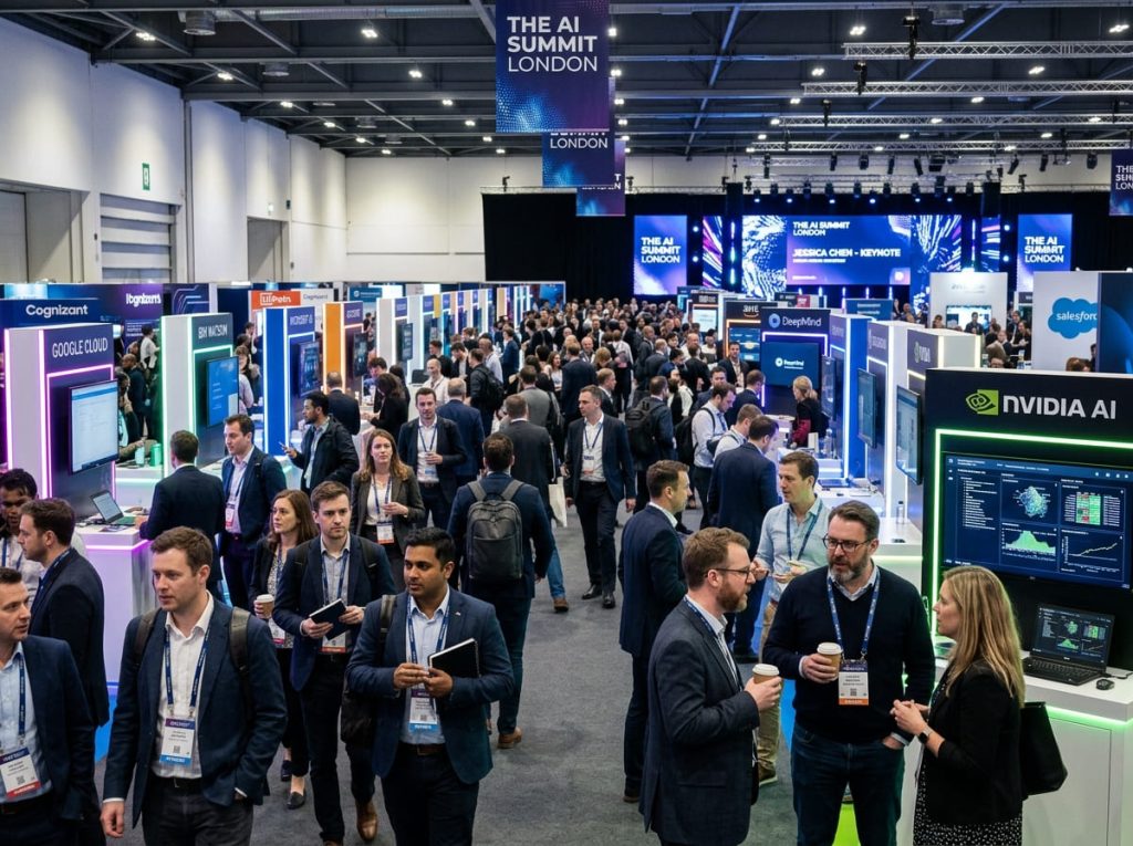 The AI Summit London 2026 exhibition floor showing enterprise AI vendor booths and attendees.